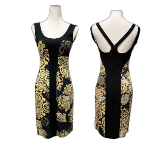 Black Mechanic Print Stretch Paneled Sheath Dress - Picture 1 of 9